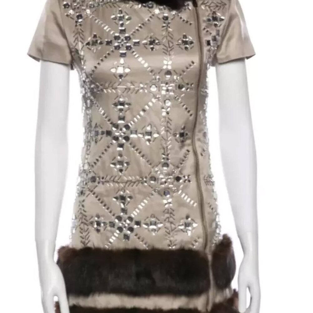 Moschino Couture Crystal Embellished Fur Trim Gold Zipper Dress USA 8 RHINESTONE